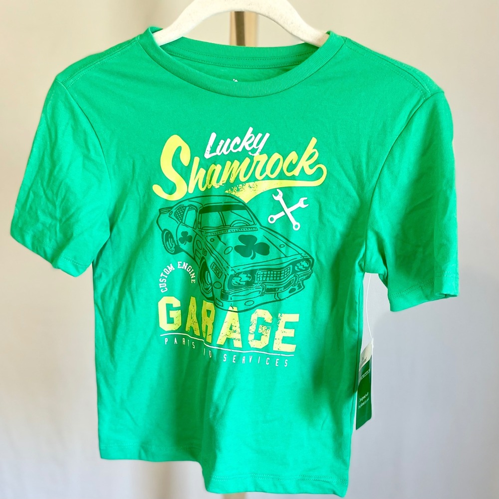 Celebrations Boys Green Lucky Shamrock Garage Muscle Car Graphic T-Shirt NWT